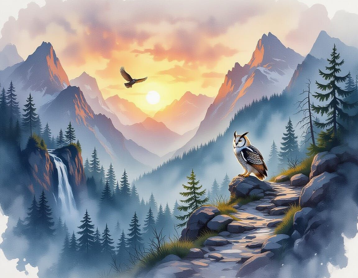 Majestic Eagle-Owl in Mountain Forest at Sunset