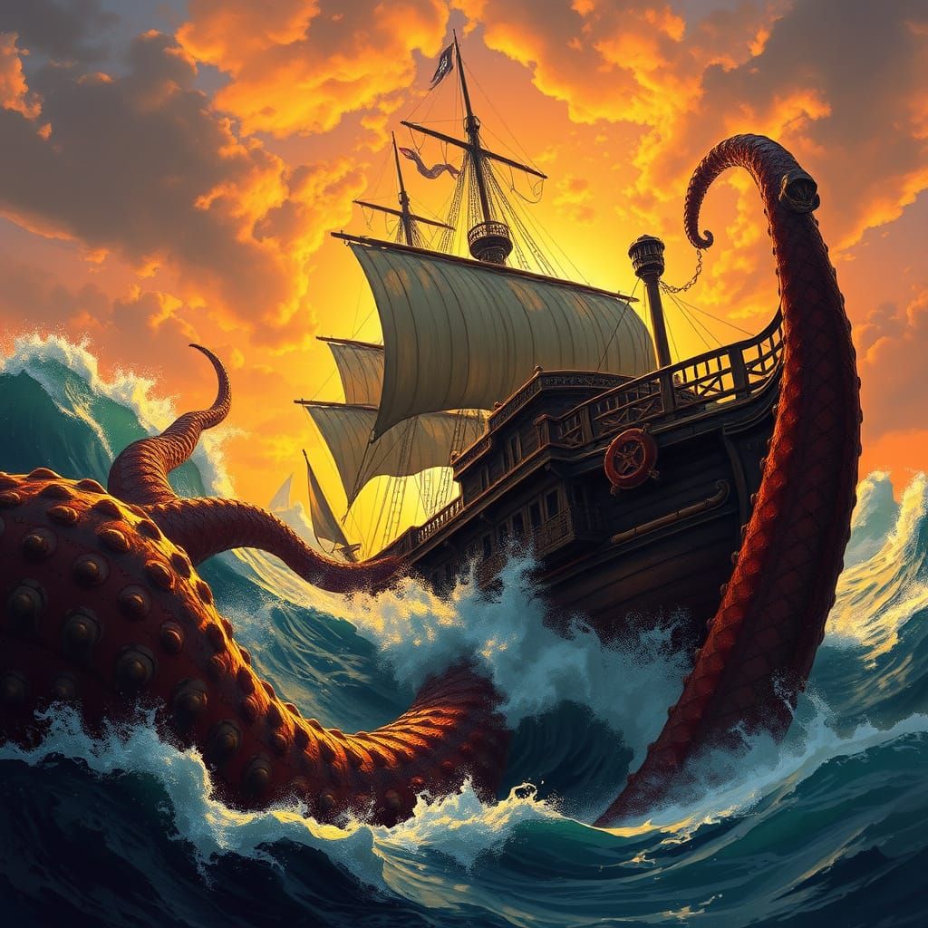 Kraken Devours Pirate Ship in Fantasy Art