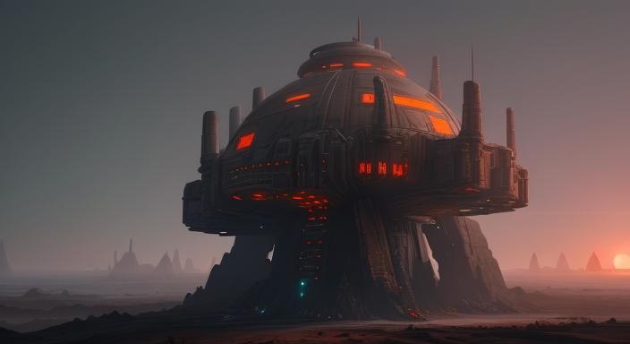 Futuristic Cybernetic Mining Tower on Sulfurous Planet