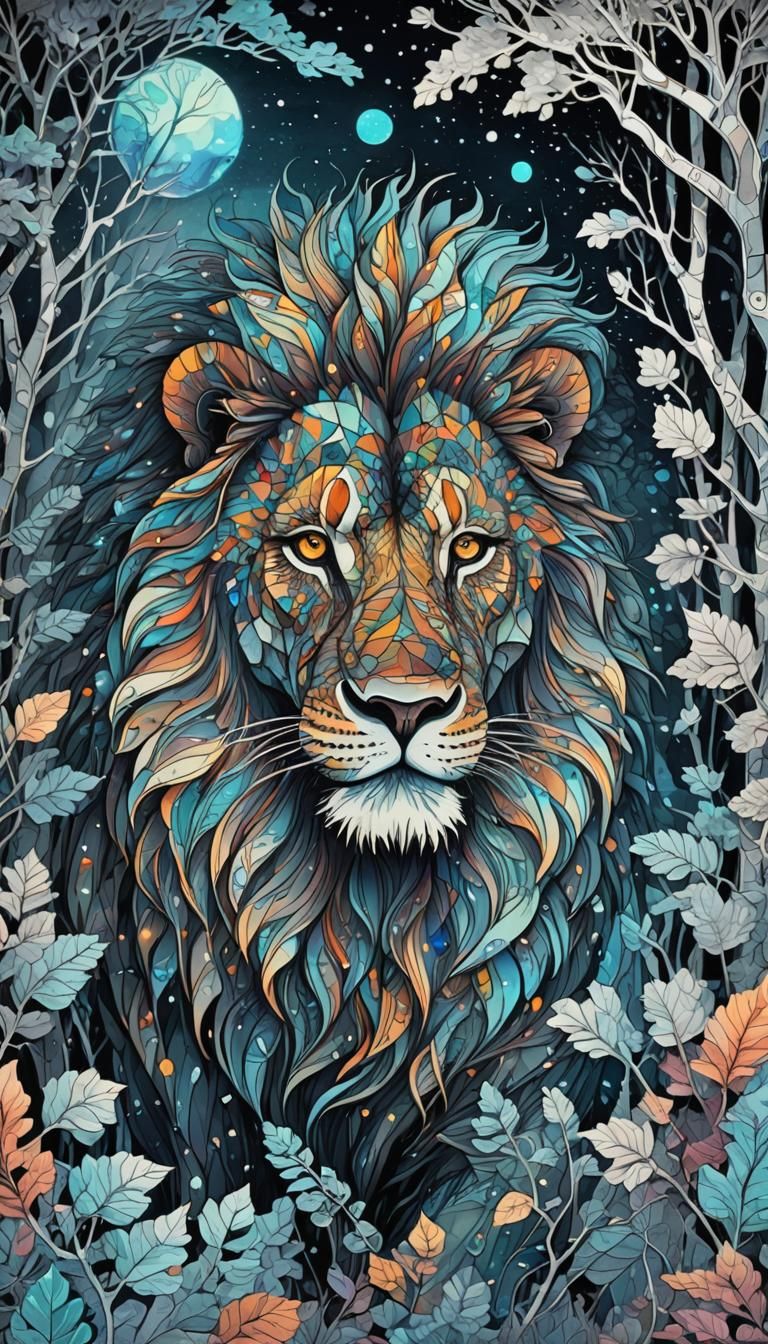 Noctilucent Lion in Ice Forest, Fantasy Art