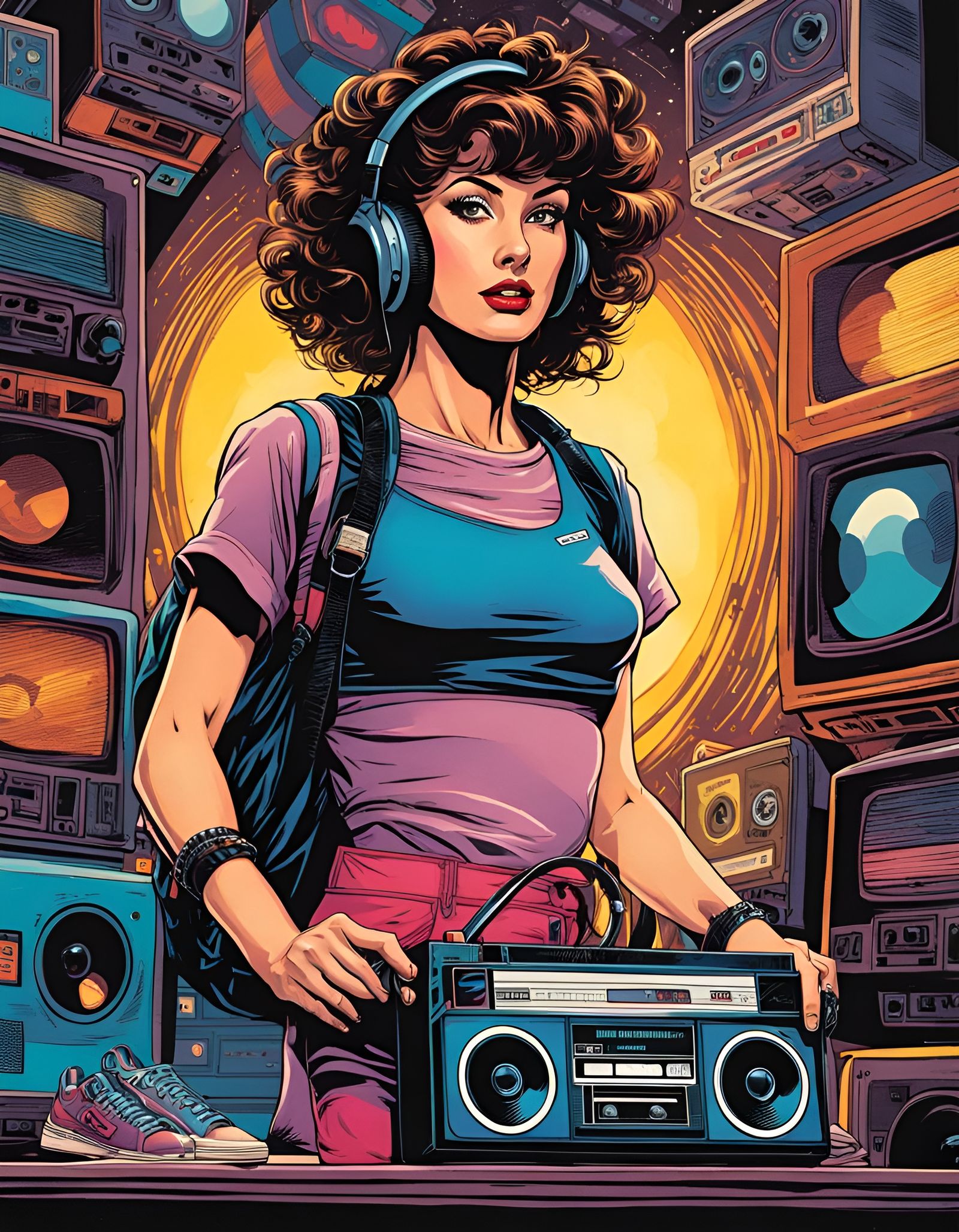 Woman with Boombox in Colorful Comic Book Illustration