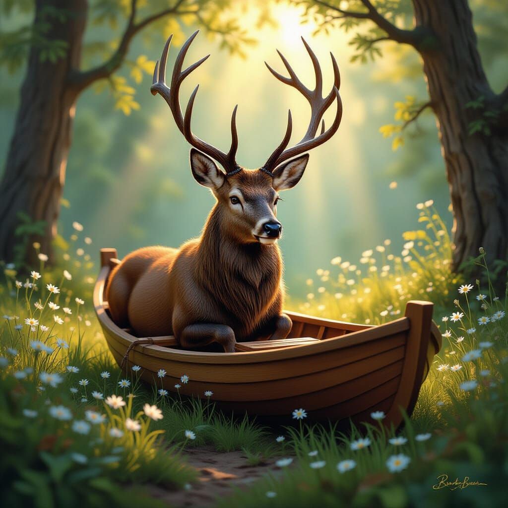 Majestic Stag Crafts Miniature Boat in Sunlit Forest