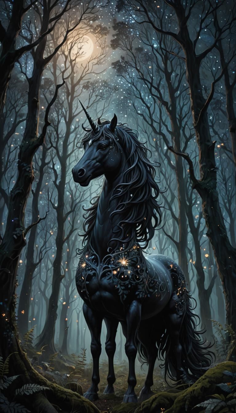 Mystical Black Unicorn in Enchanted Forest