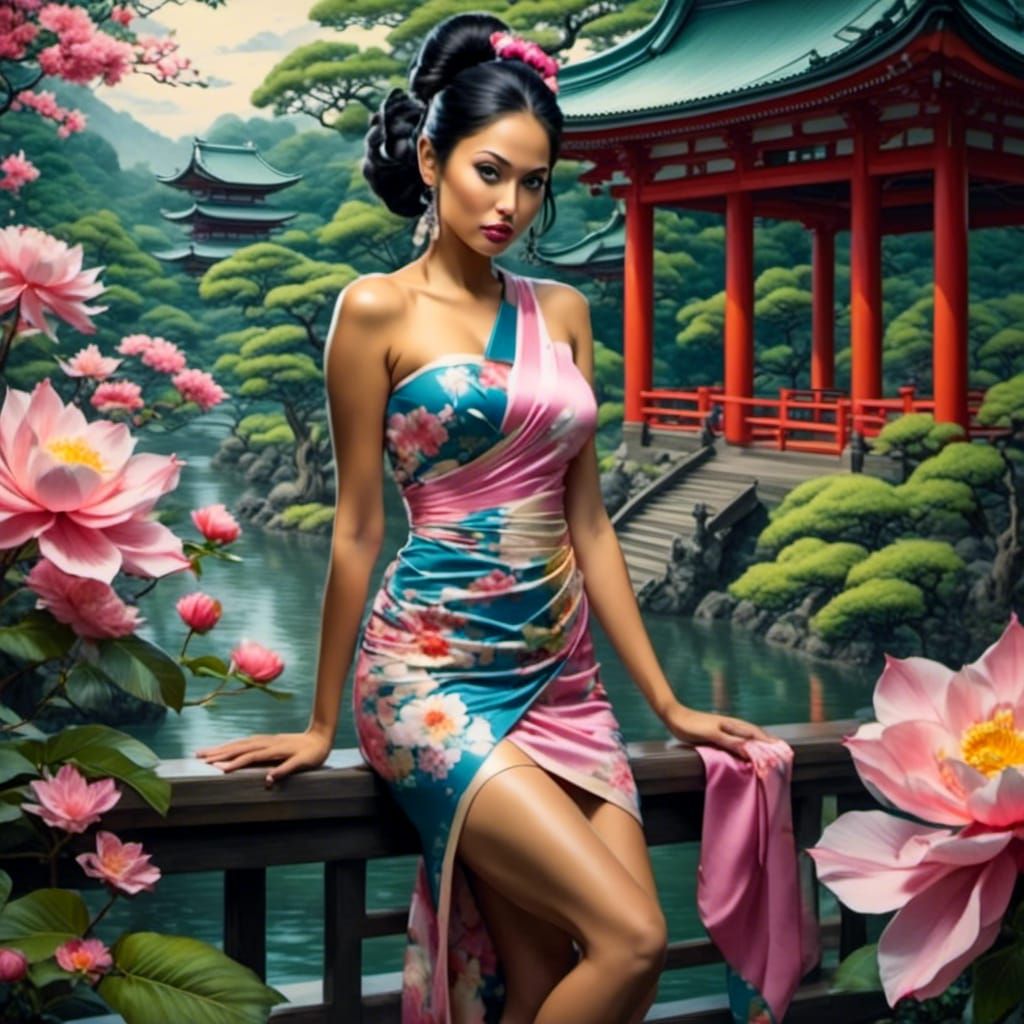 Modern Japanese Woman in Pastel Dress on Bridge