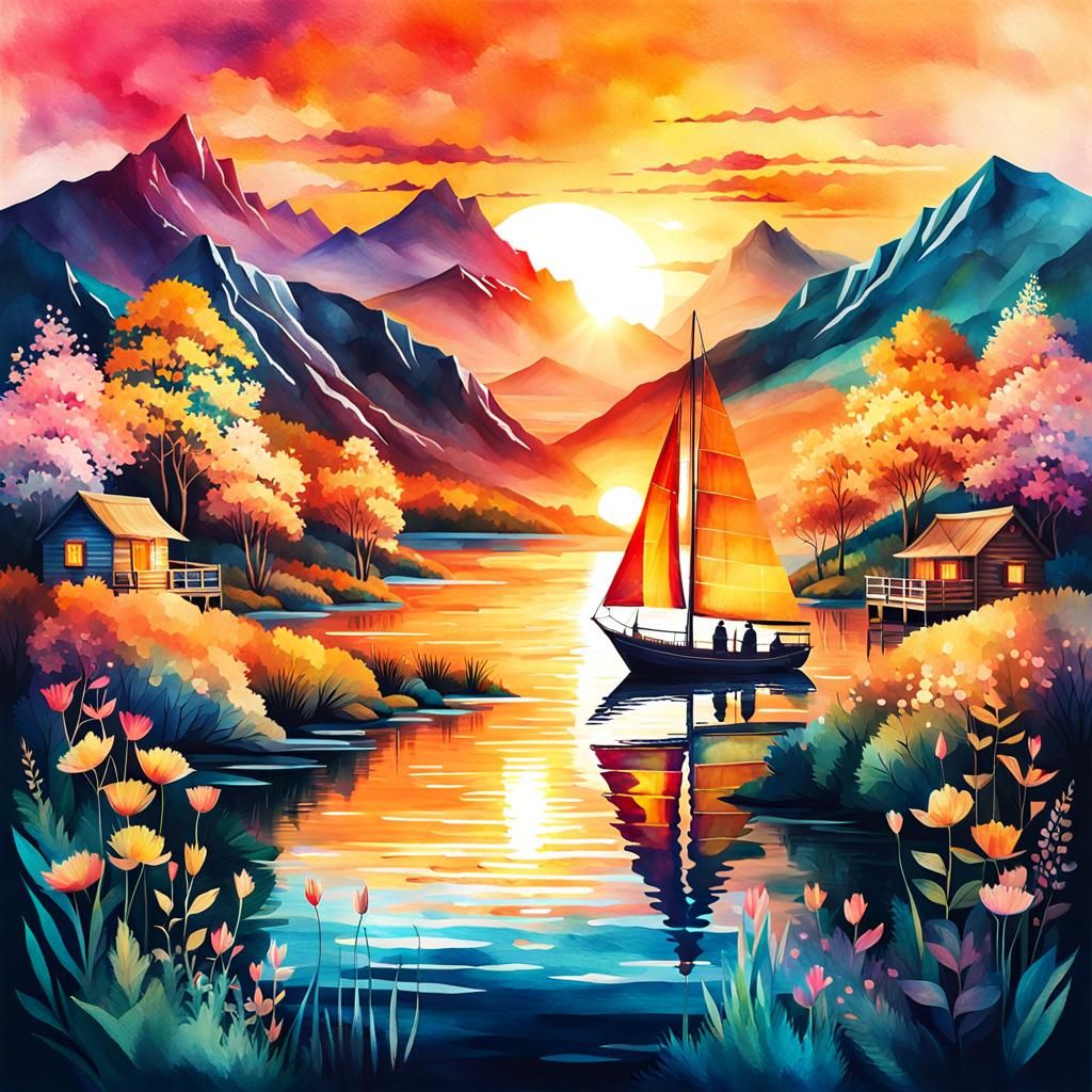 Sunset and Hand Double Exposure Digital Watercolor