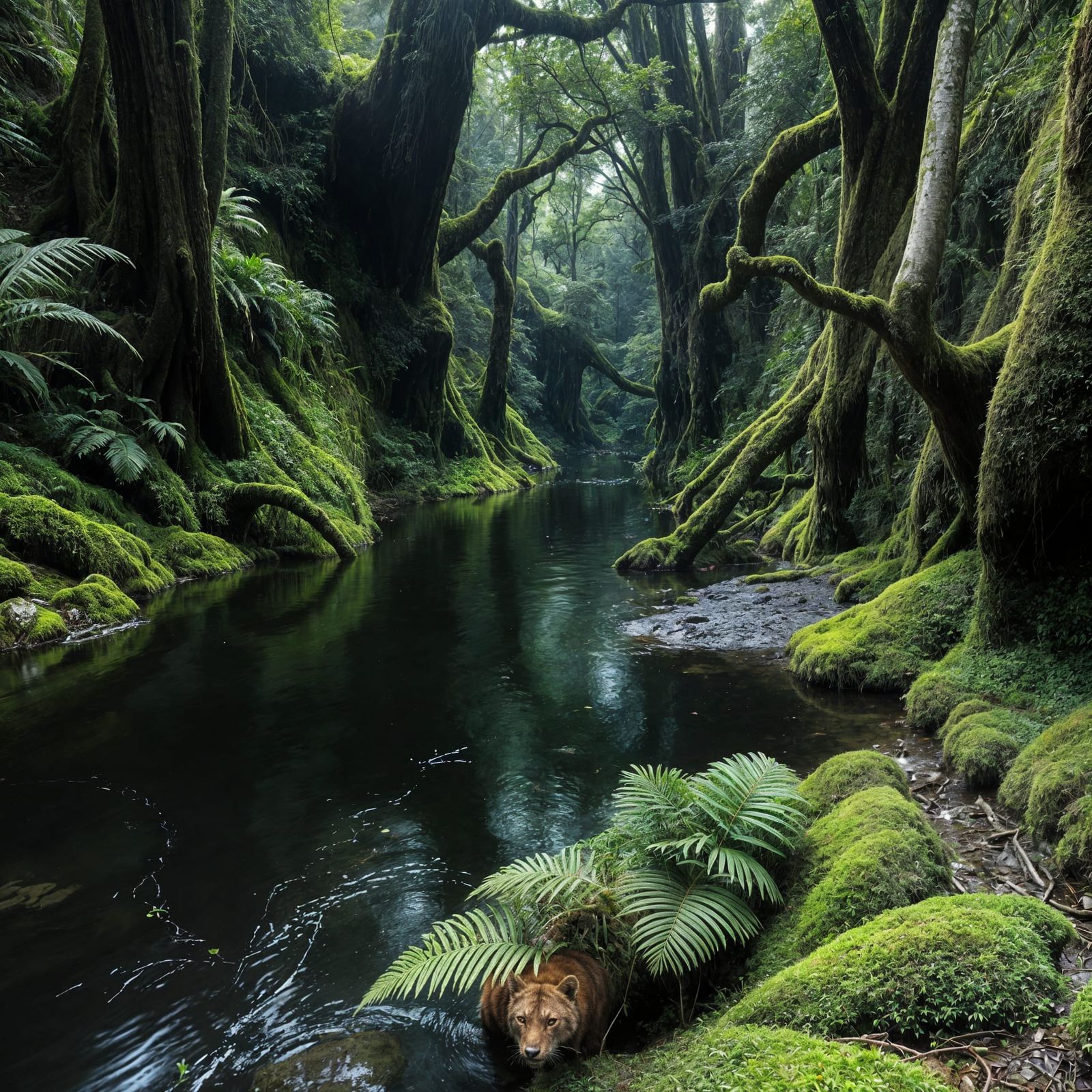 Tasmanian Rainforest River with Thylacine