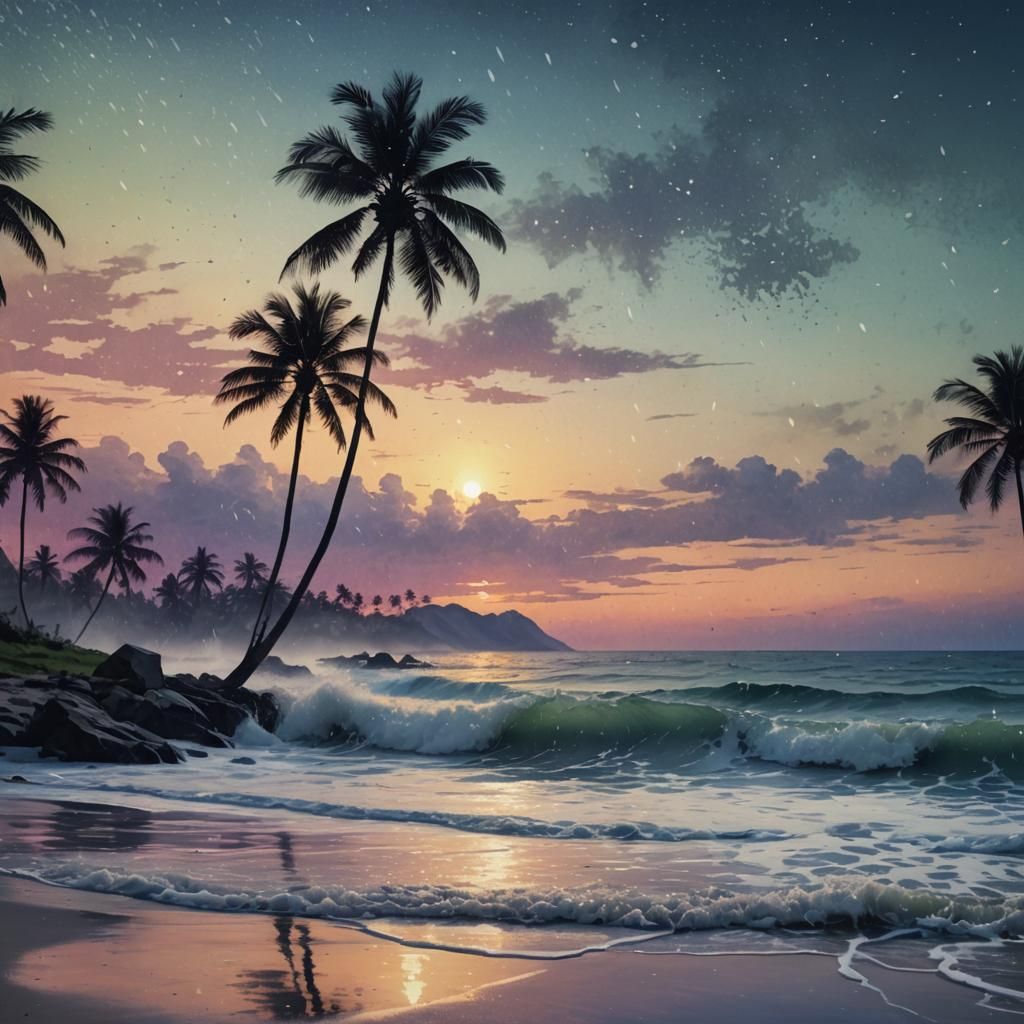 Twilight Sea Scene with Palm Silhouettes in Watercolor Style