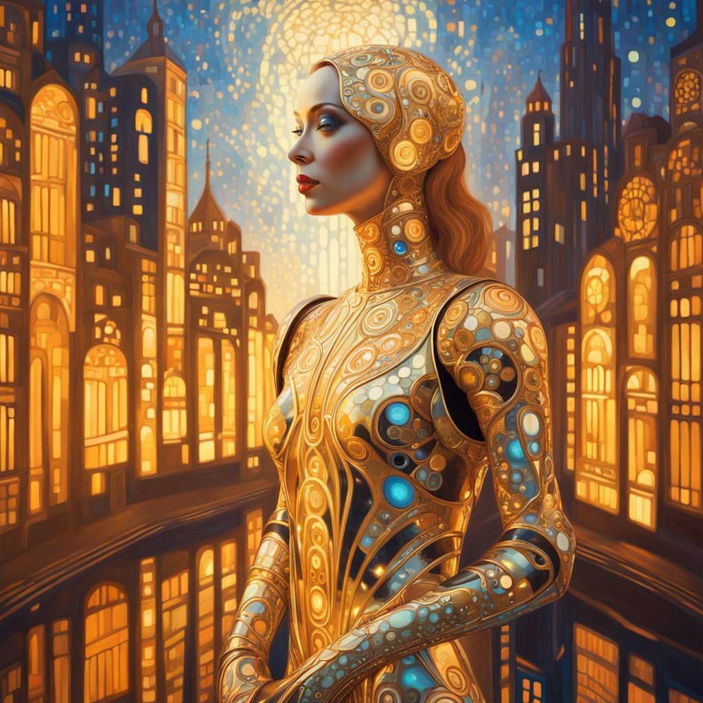 Robot Woman in City, Art Nouveau Style