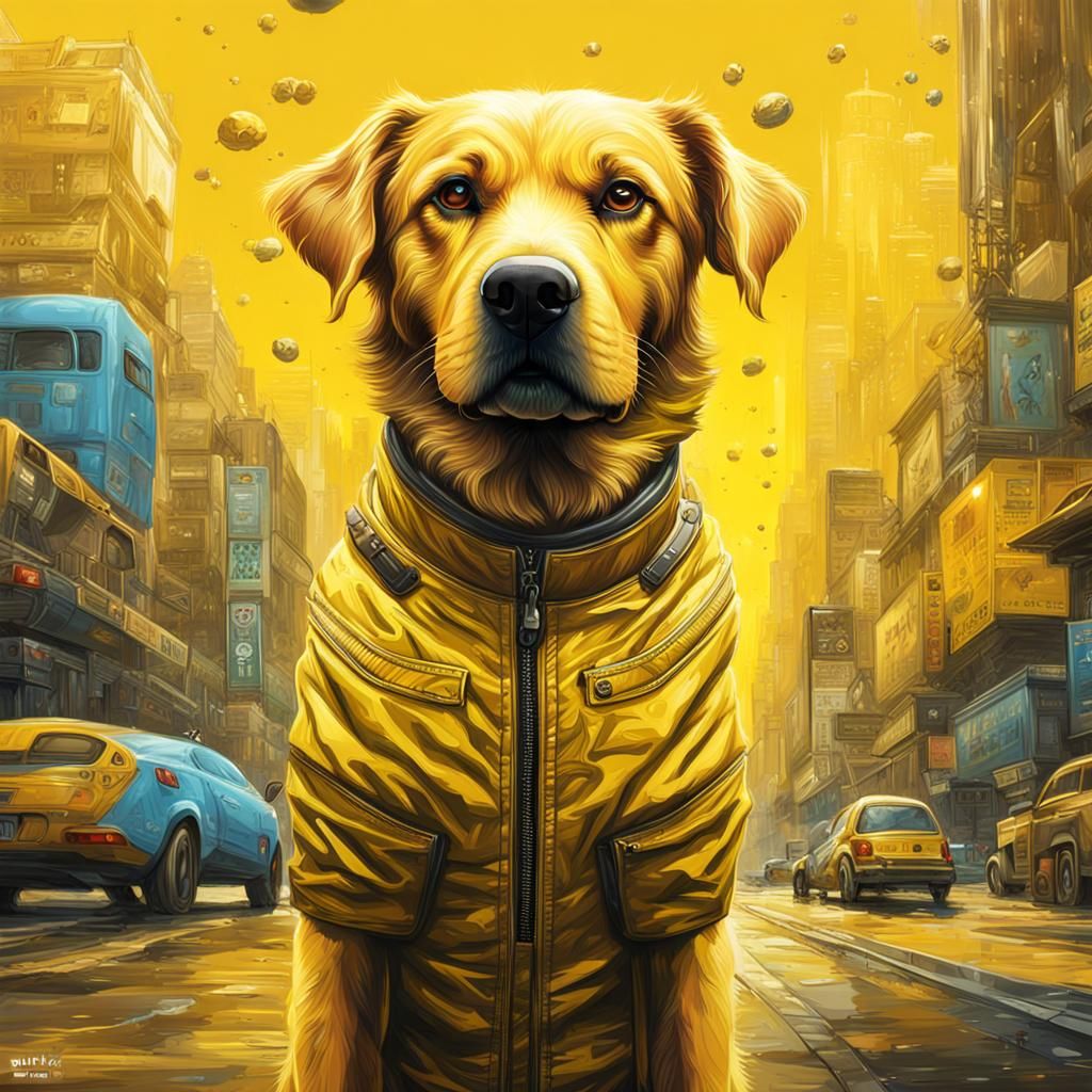 Hyperrealistic Yellow Dog in a Colorful Future