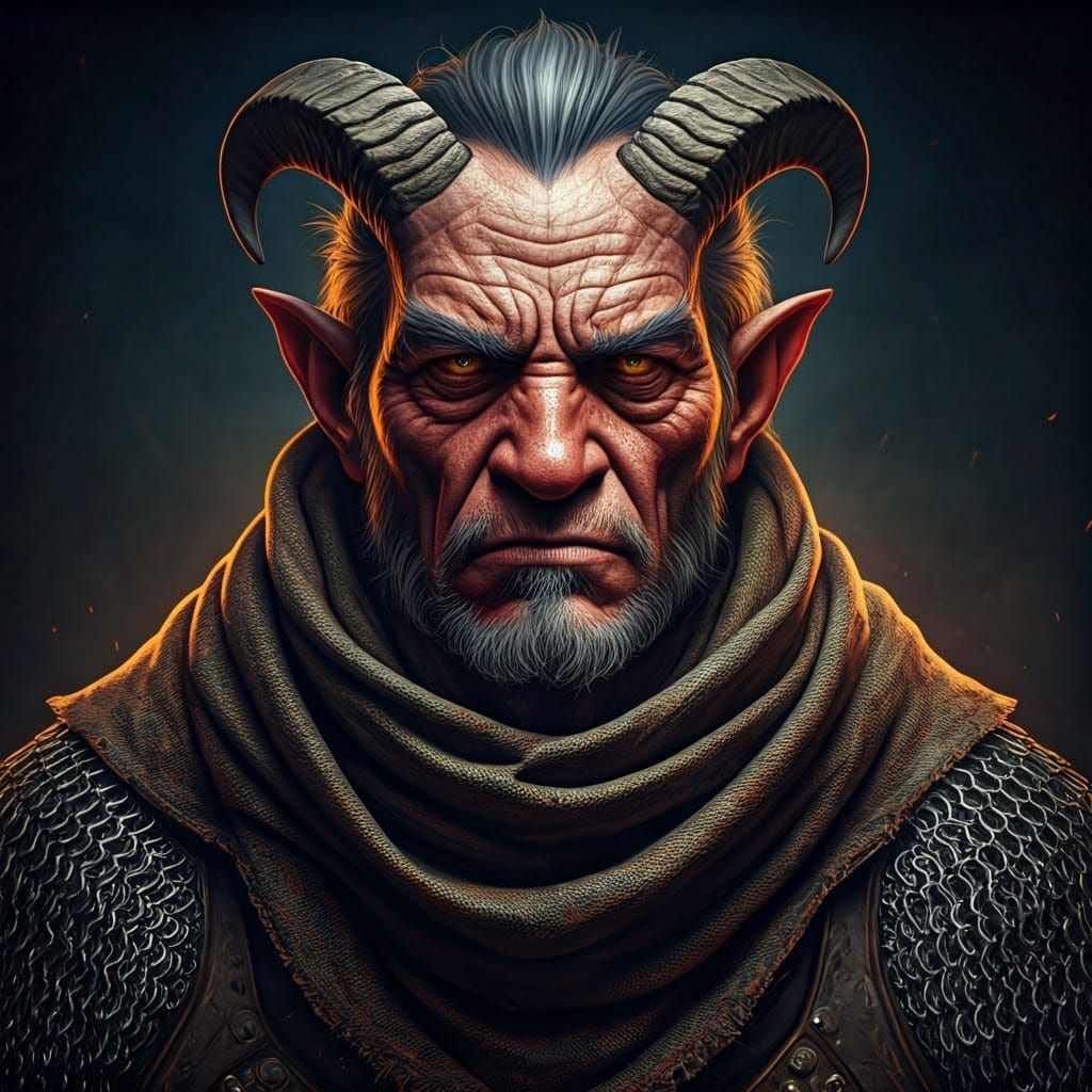 Surreal Portrait of a Gnarled Tiefling Warrior