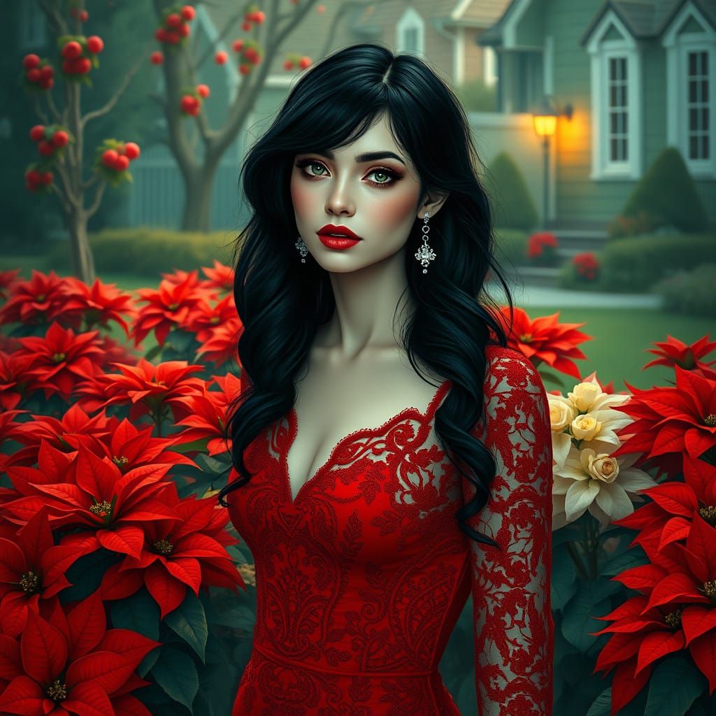 Gothic Poinsettia Goddess in Red Lace Dress