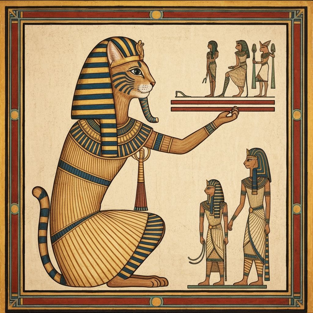 Ancient Egyptian style wall painting of a cat dressed as the...