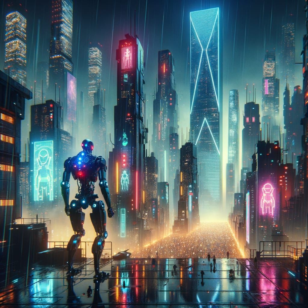Dystopian Cyberpunk Megacity with Android Figure
