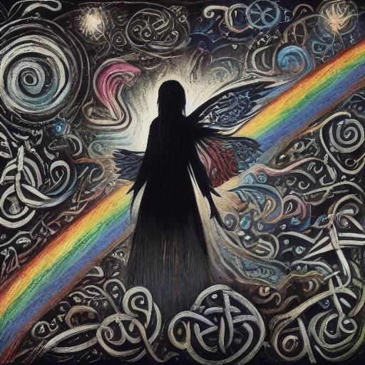 Celtic Knotwork Raven in Psychedelic Future Cityscape