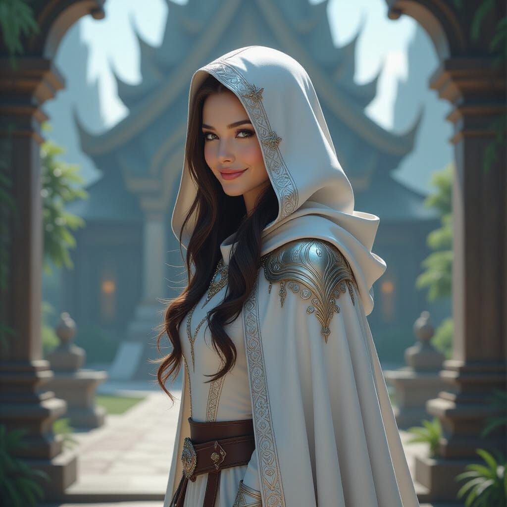 Hooded Elven Queen Before Temple, Cinematic Lighting