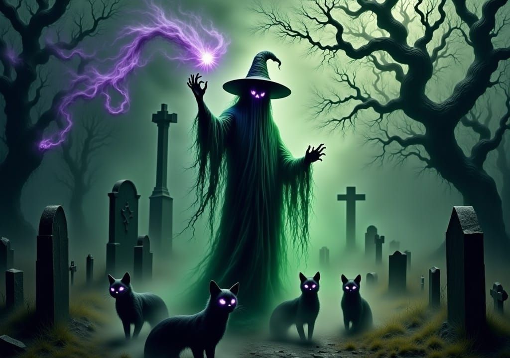 Eerie Witchcraft in Cemetery with Black Cats