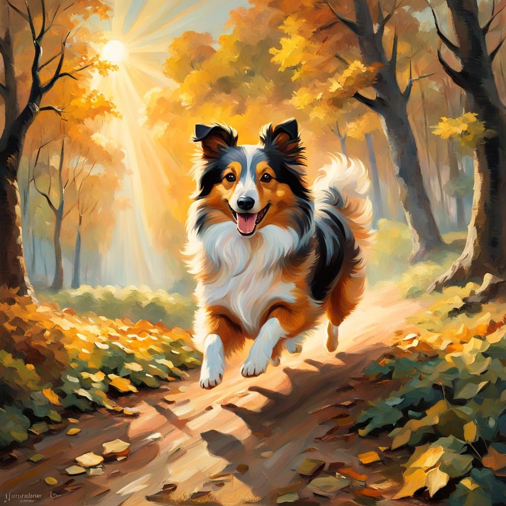 Joyful Sheltie Runs in Golden Light