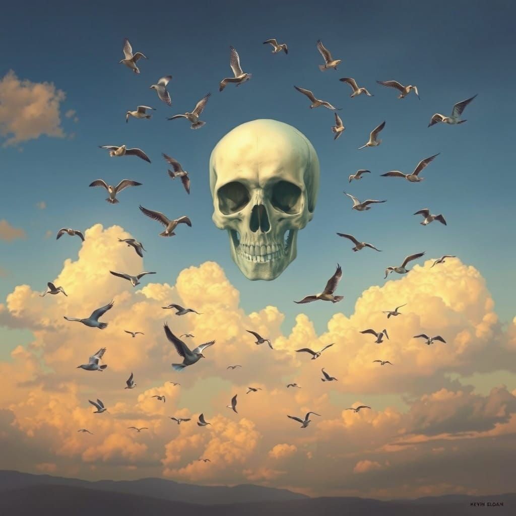 Ethereal Birds Weave a Mysterious Skull in the Sky, in a Sur...