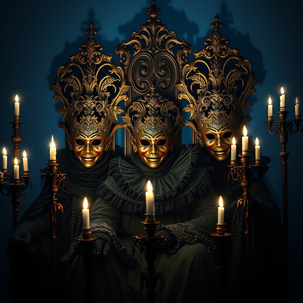 Baroque Masks Adorn the Powerful in Eerie, Mystical Scene