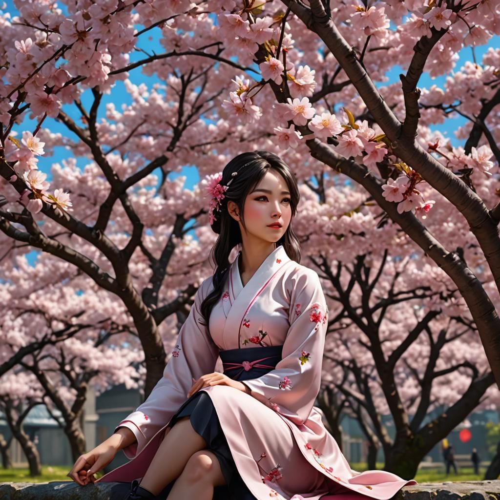 Beautiful Asian Girl Under Cherry Tree: 3D Anime Art