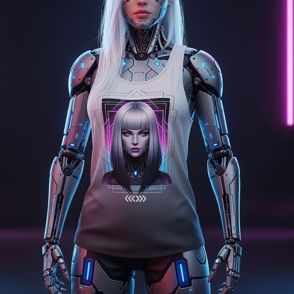 Futuristic Android with White Hair and Cybernetic Body
