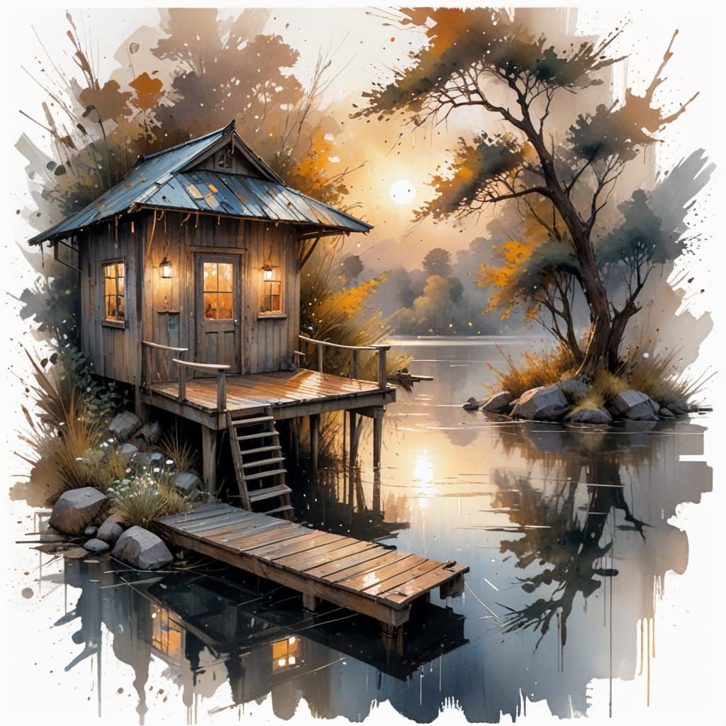 Monsoon Glow: Lakeside Boathouse in Watercolor