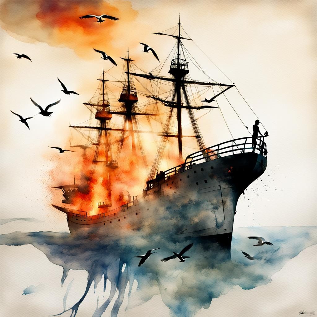 Burning Ship Double Exposure in Watercolour Style