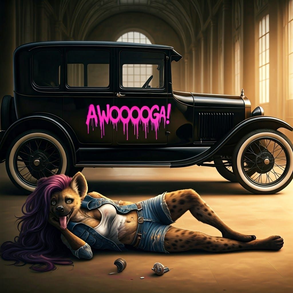 Grand Museum Showroom with Vintage Car and Anthro She-Hyena