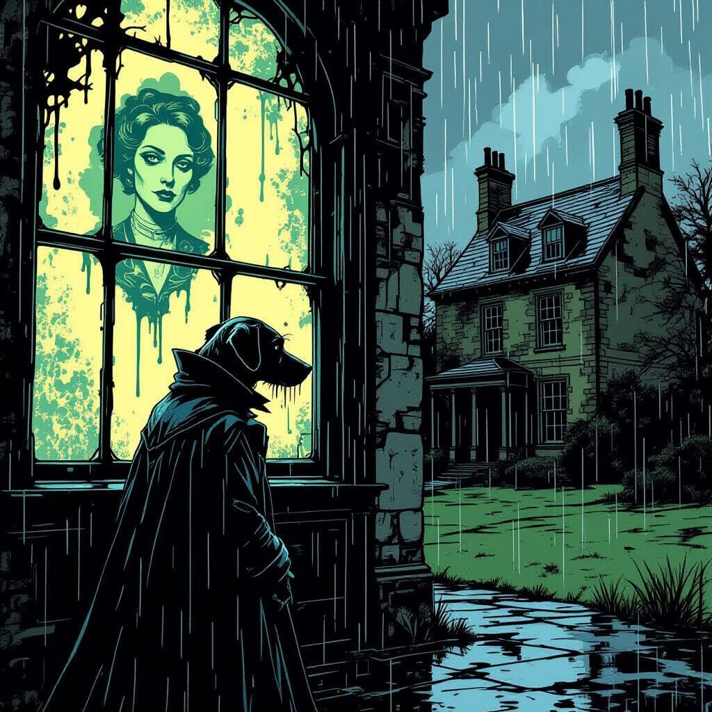 Melancholic Dog in Haute Couture at Ruined Estate