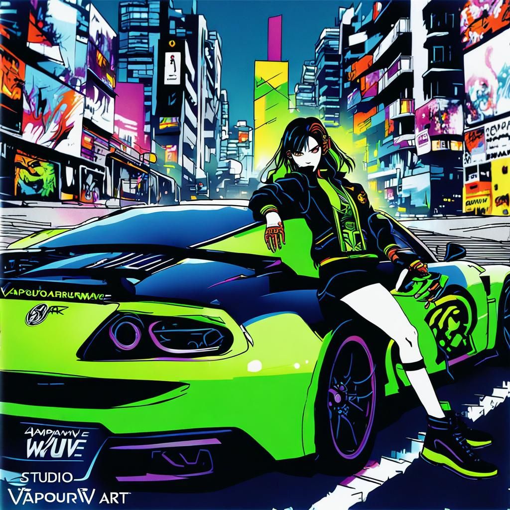 Manga Girl on Neon Car in Vapourwave Style