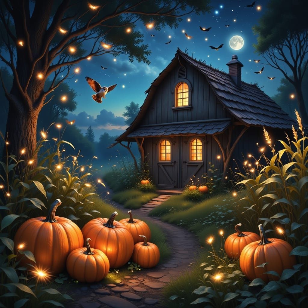 Enchanted Autumn Barn Scene with Pumpkins and Bats