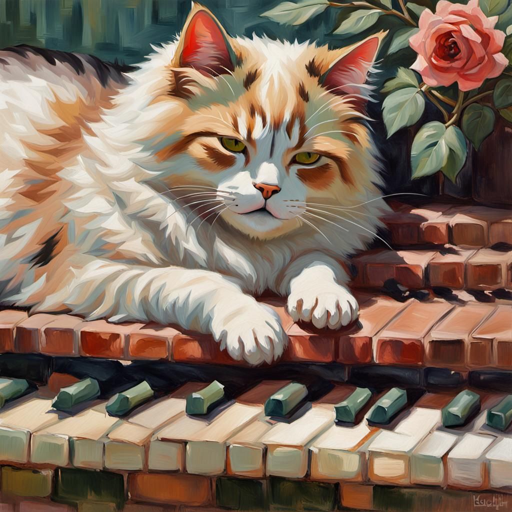 Calico Cat in Garden, Impressionist Oil Painting