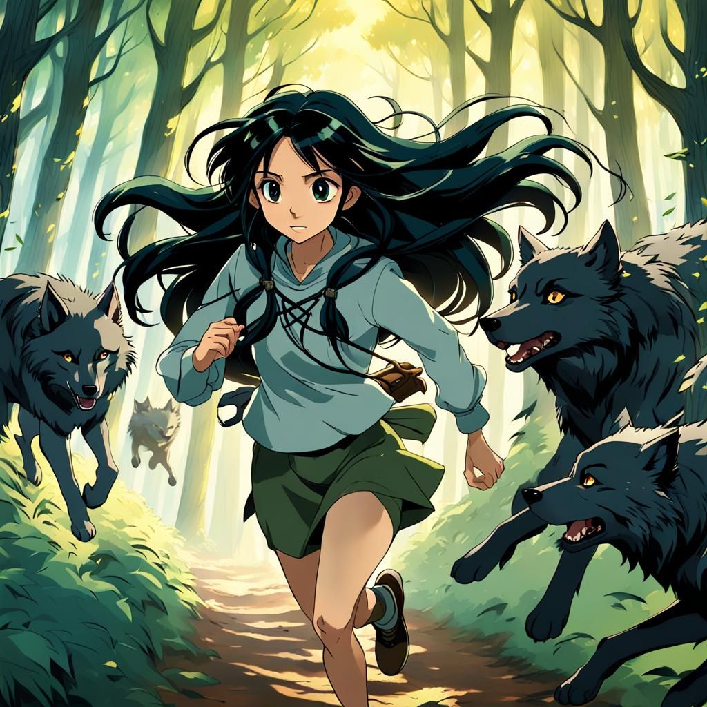 Anime Girl Runs with Wolves in Ghibli Style
