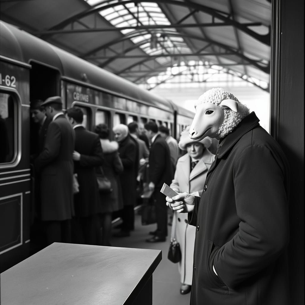 1950s Soviet Train Station with Lamb-Masked Conductor
