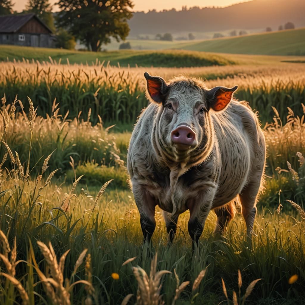 Cow-Pig Hybrid in German Field: Fantasy Concept Art