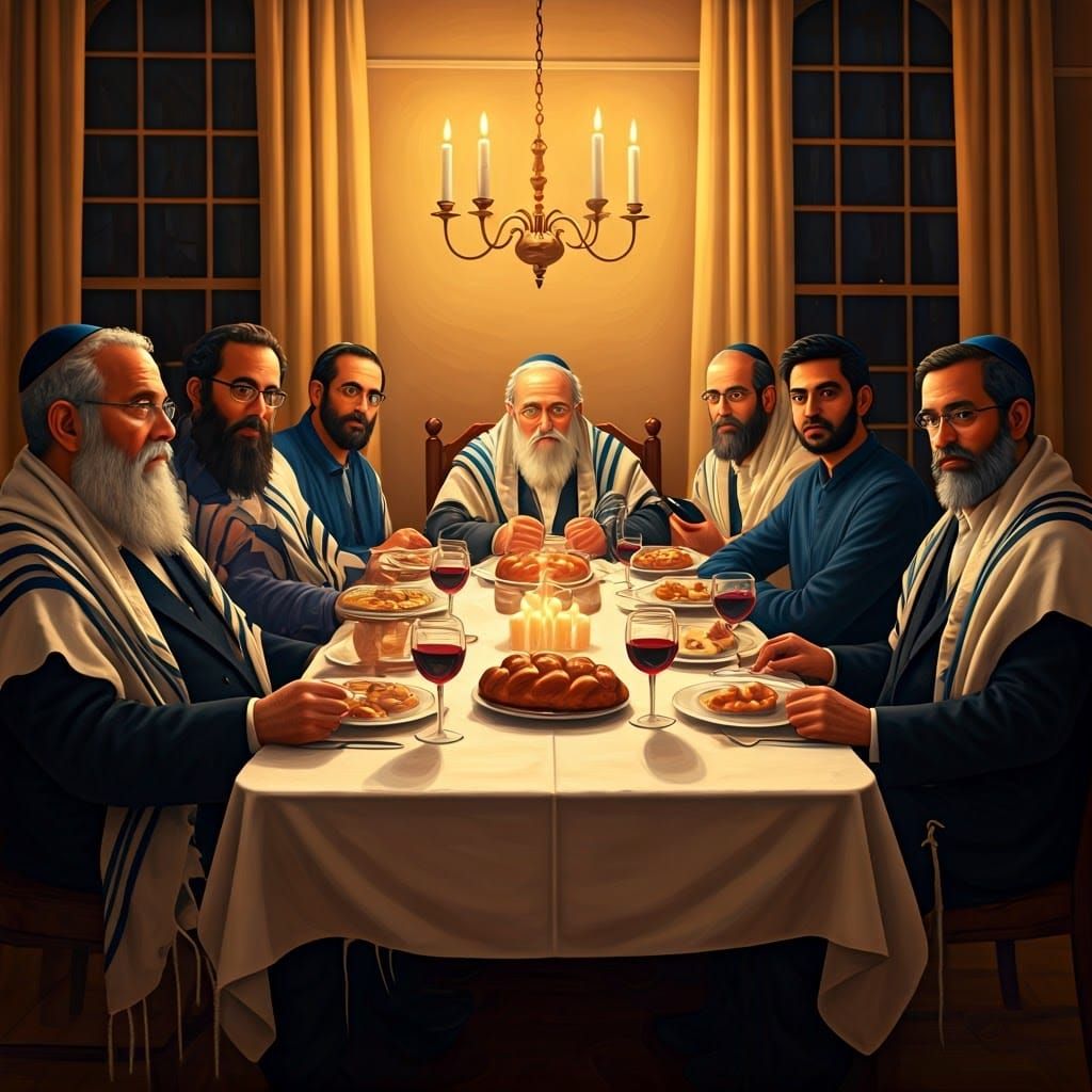 Shabbat Dinner with Diverse Men in Warm Light