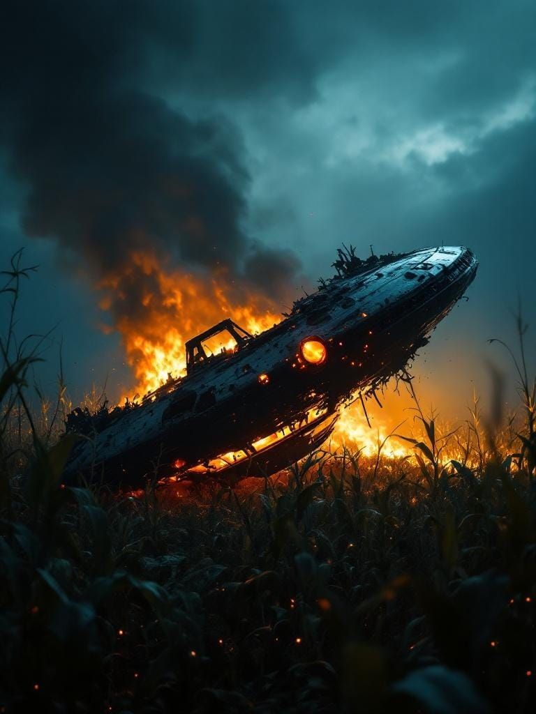 Crashed UFO in Cornfield: Photorealistic Cinematic Art