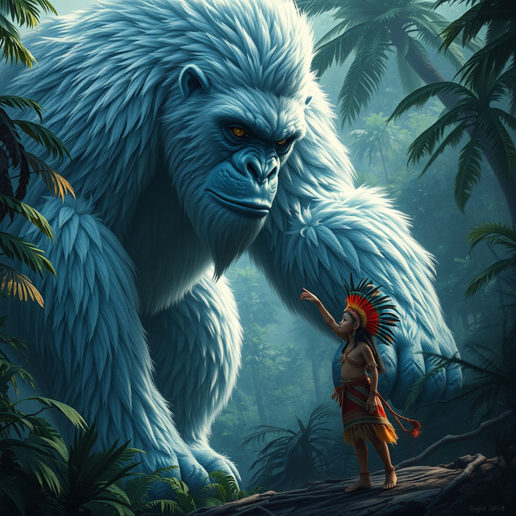 Yeti Encounter with Girl in Jungle, Detailed Matte Painting
