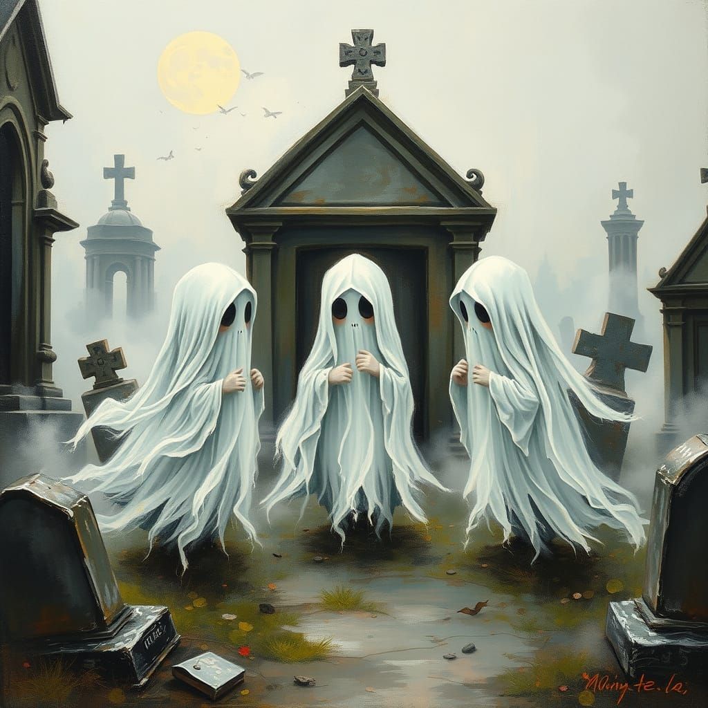 Whimsical Ghostly Gathering in a Moonlit Cemetery