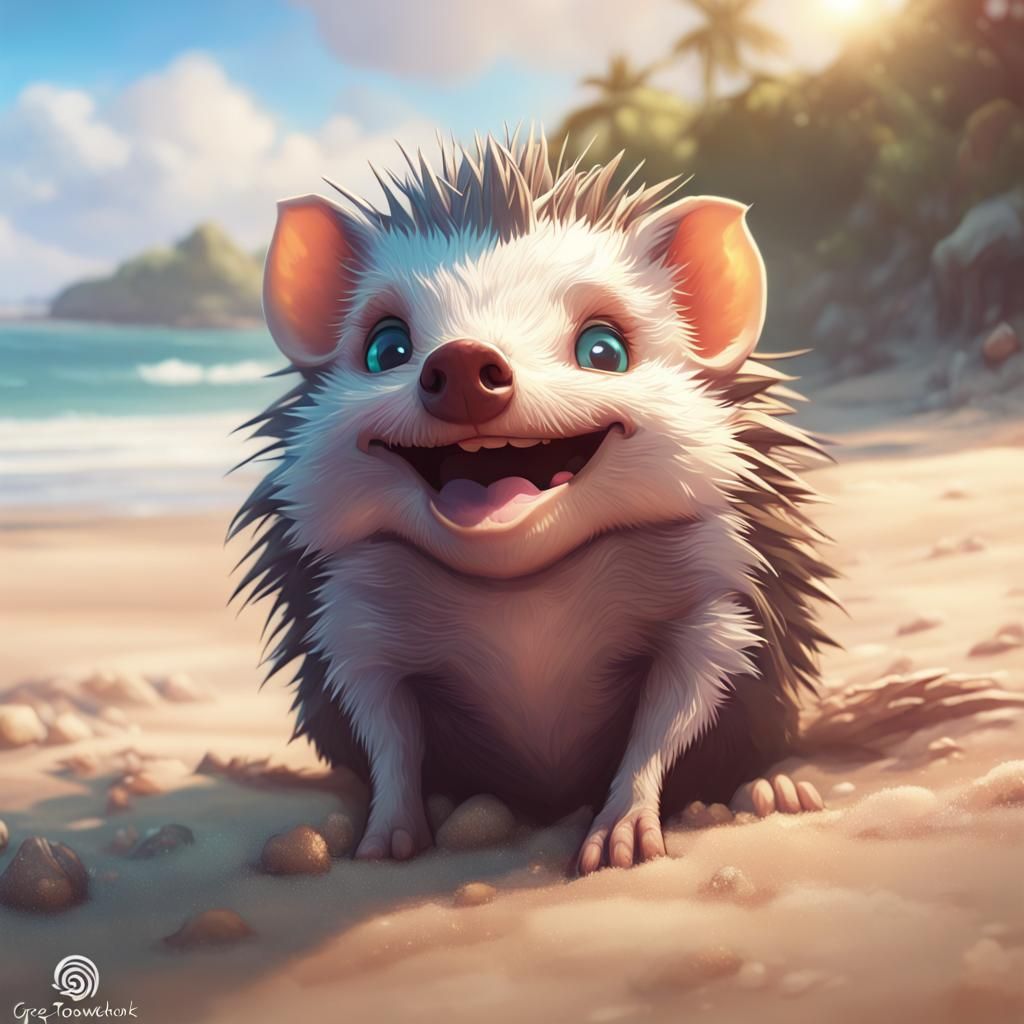 Smiling Edgehog Portrait on Beach, Hyperdetailed Concept Art
