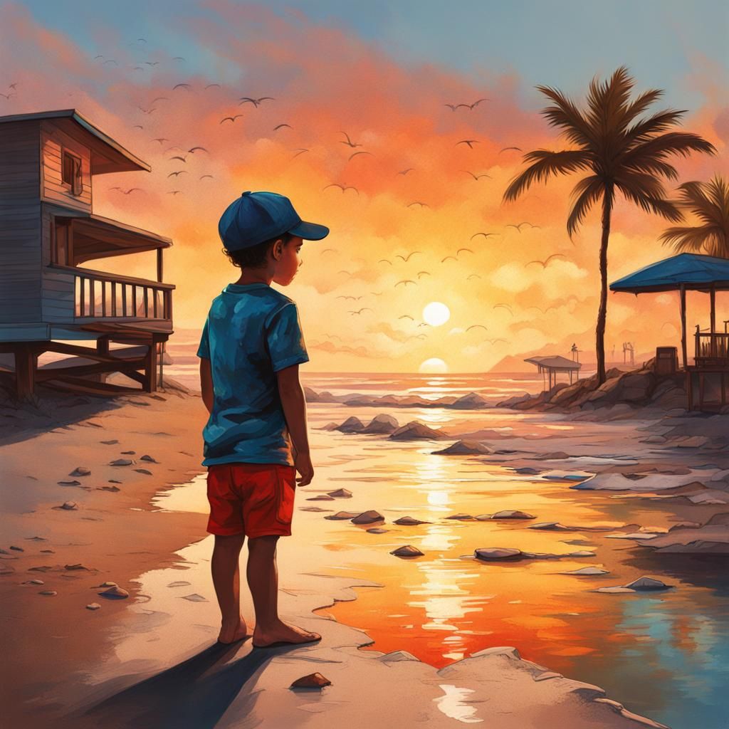 Boy at Sunrise: Hyperrealistic Splash Art Portrait