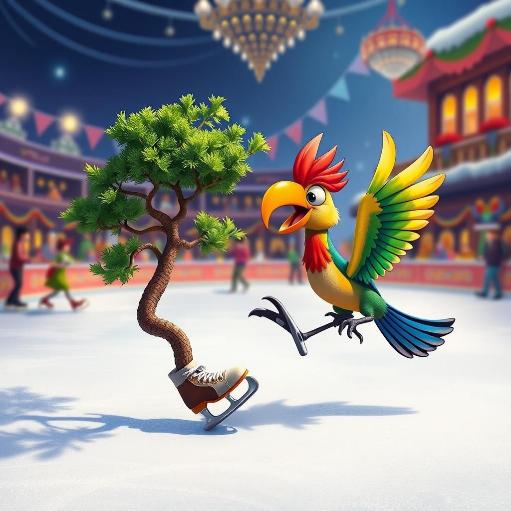 Whimsical Bonsai Tree and Bird Ice Skating Adventure