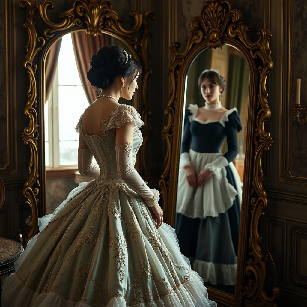 Elegant Victorian Lady Conflicted by Mysterious Reflection