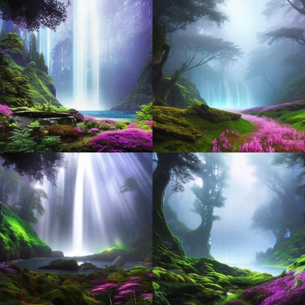 Fantasy Village with Waterfall in Dark Fantasy Style