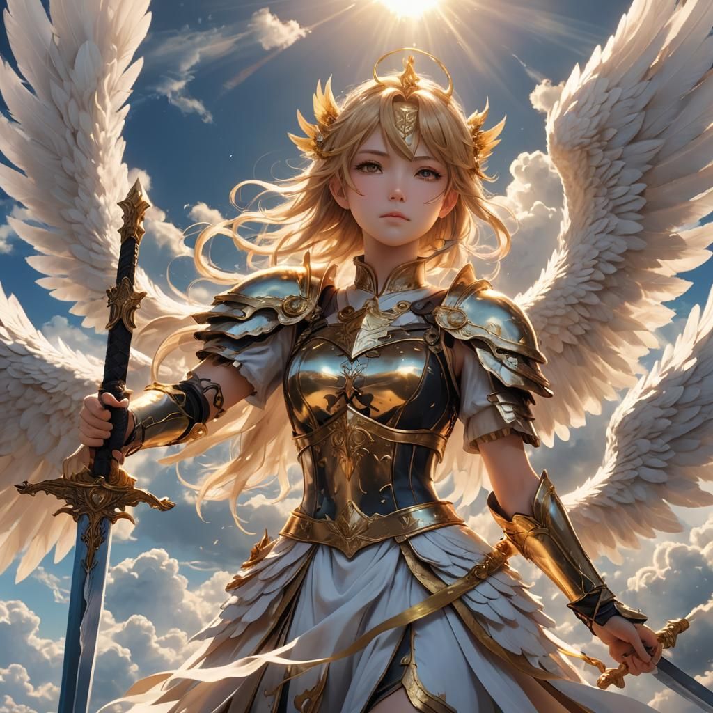 Seraphim Sword in Clouds: 3D Anime Art