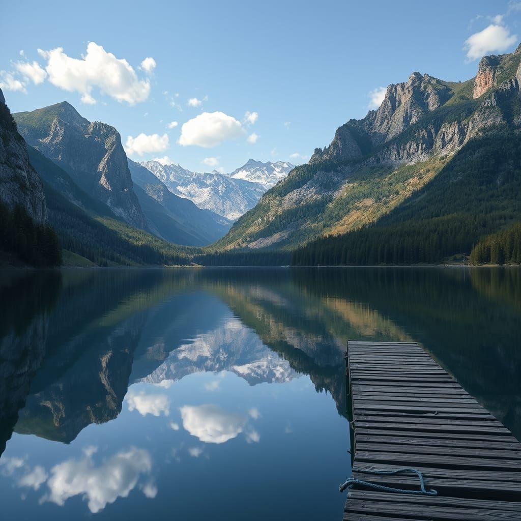 A photo of a serene landscape with a calm lake reflecting th...