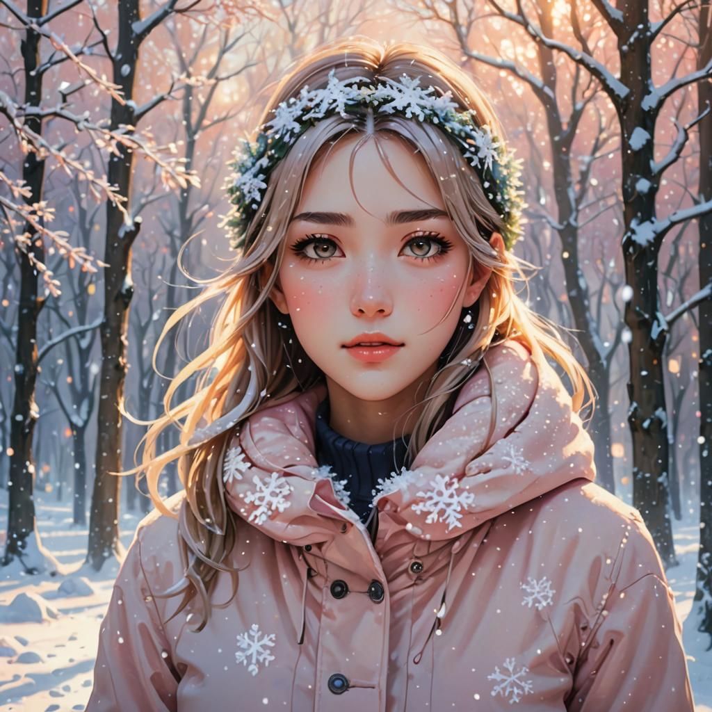 Anime Girl in Snow, Oil Painting Style