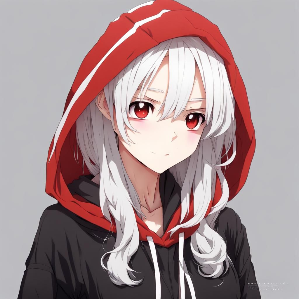 Anime Girl with White Hair in Red Hoodie