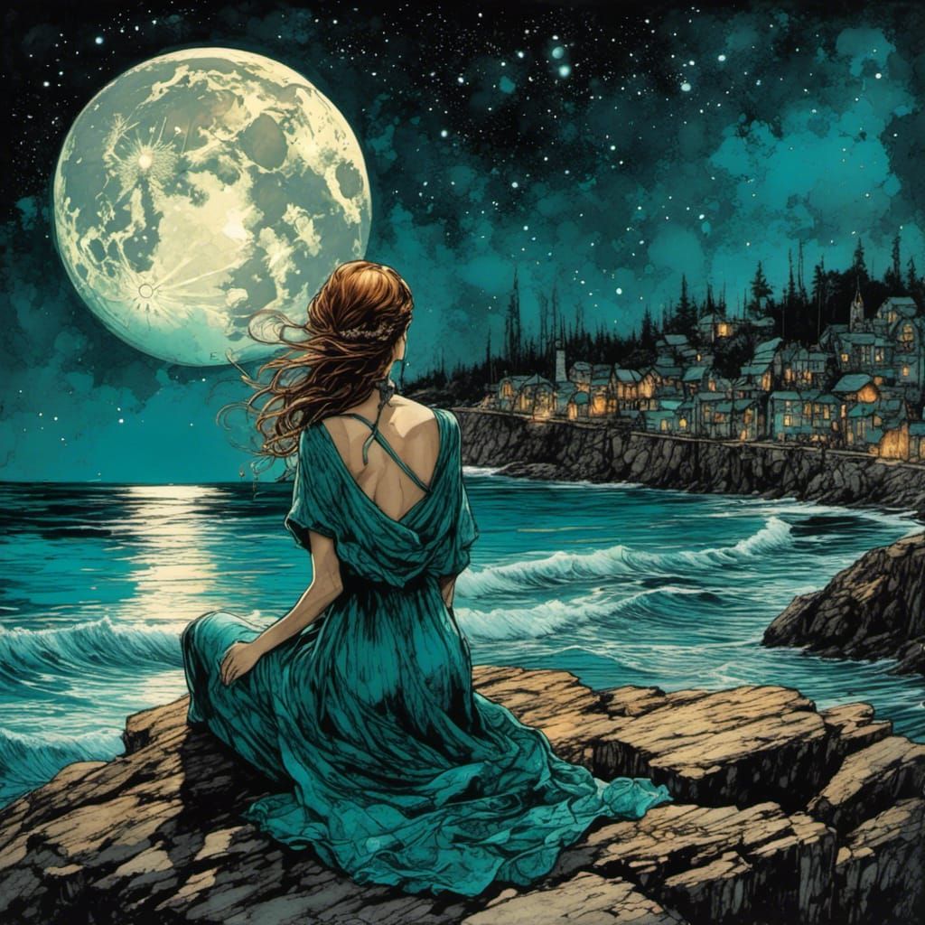 Mournful Woman by Moonlit Beach in Van Gogh Style