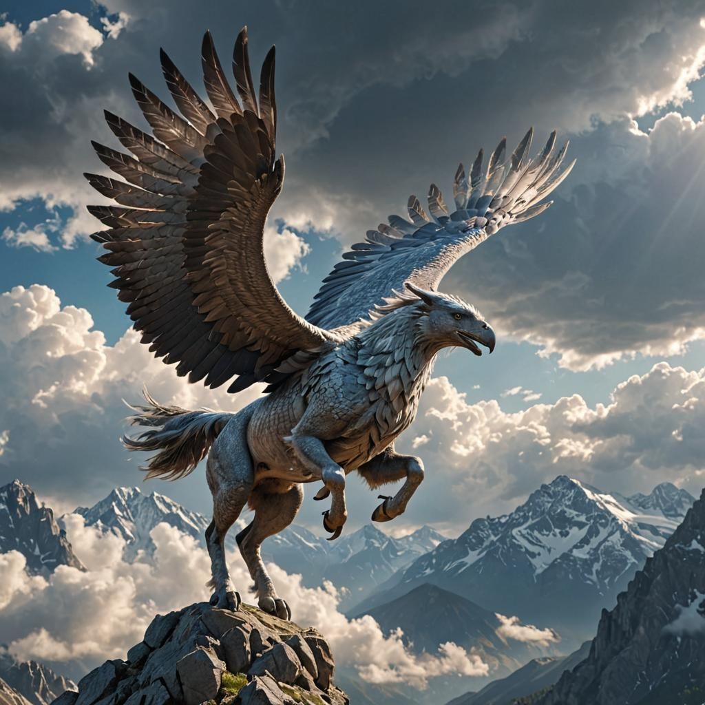 Graceful Hippogriff Soaring Through Dramatic Sunlight
